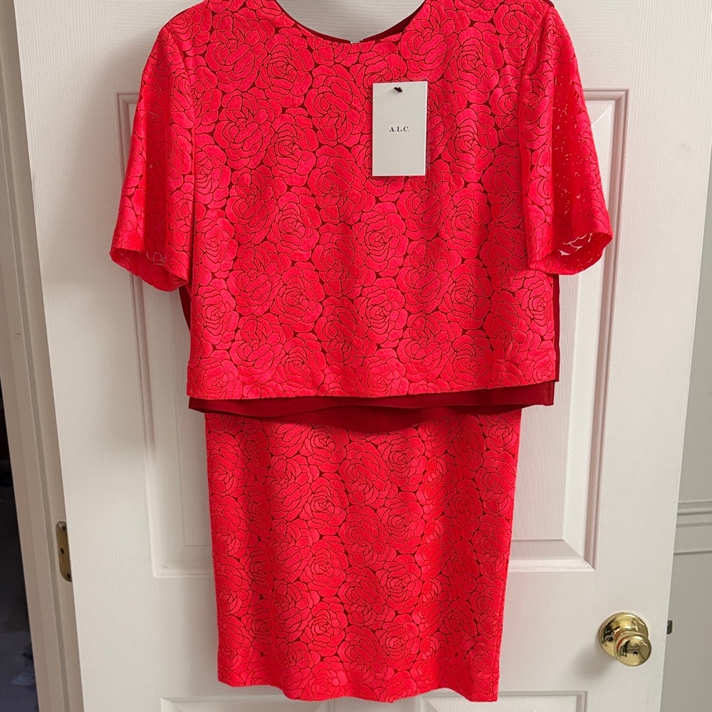 A.L.C. Stunning 2-Piece Coral Rose Pattern Top & Skirt Set w/Dk Red Lining